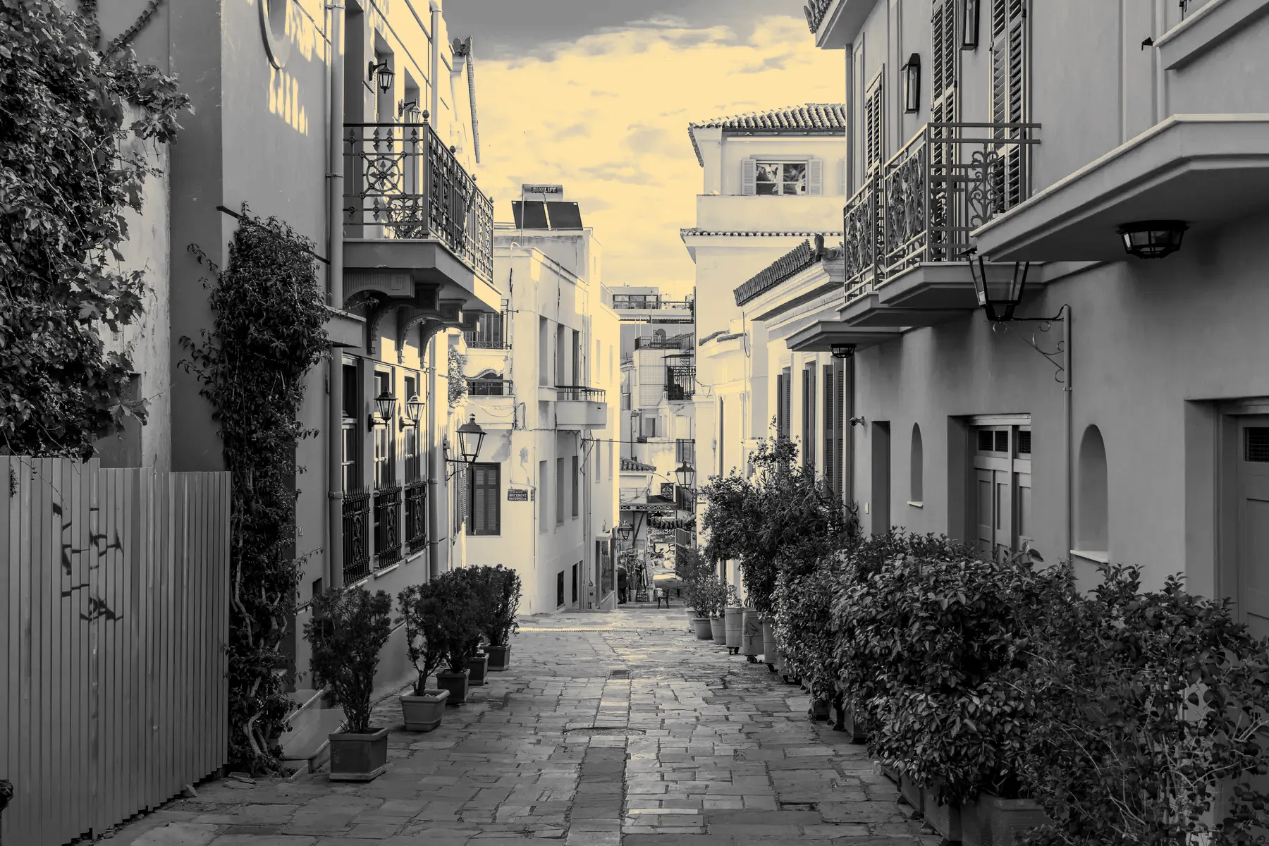 A pastel neoclassical street in central Athens